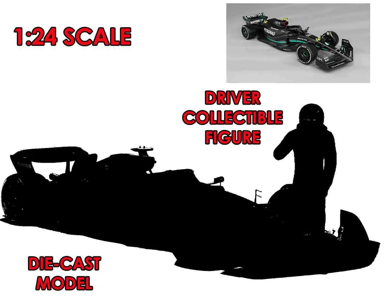 F1 MERCEDES W14 E PERFOMANCE 2023 WITH HAMILTON FIGURE - 1:24 DIE-CAST MODEL