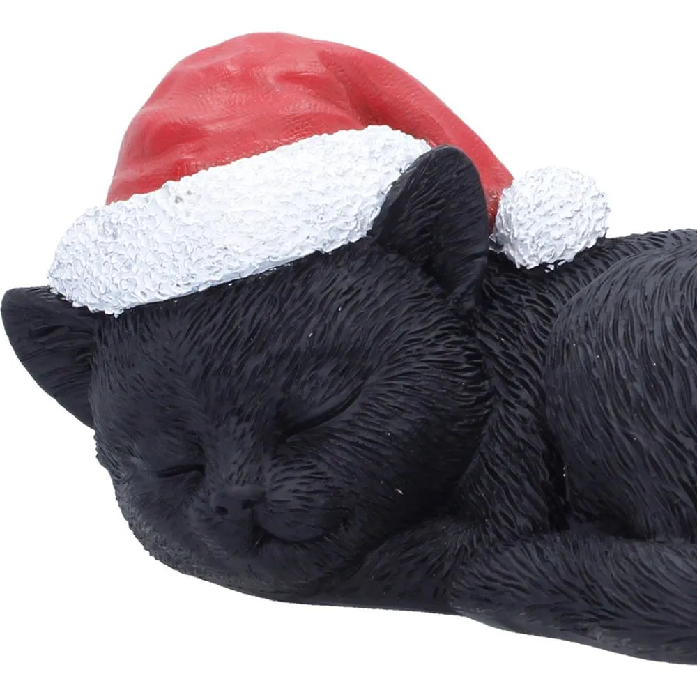 BLACK CAT SLEEPING WITH SANTA HAT FIGURE