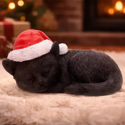 BLACK CAT SLEEPING WITH SANTA HAT FIGURE