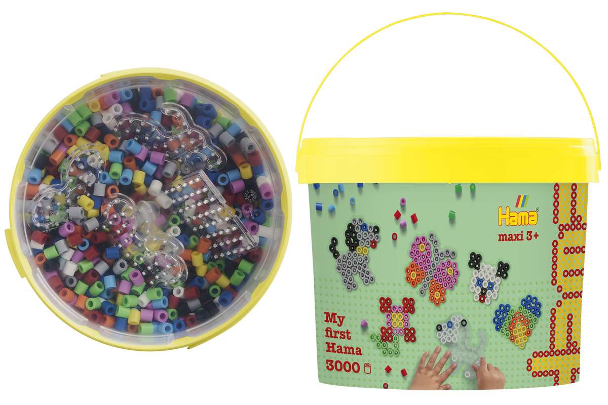 Hama maxi perler 3000stk + 4 plader i bøtte, gul