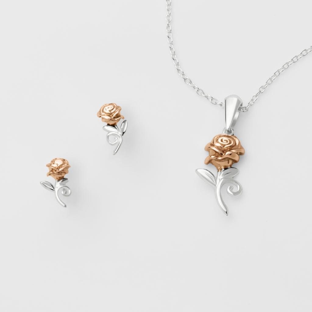 BEAUTY & BEAST - Rose - Silver Sterling Necklace + Earrings Set