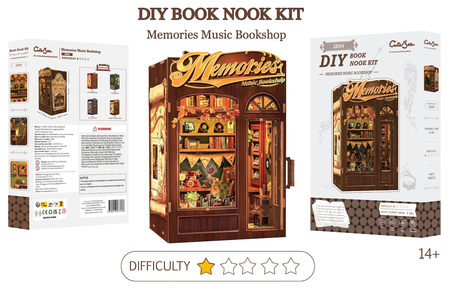 BOOK NOOK KIT - DIY - Memories Music Bookshop - 136pc + LED Light