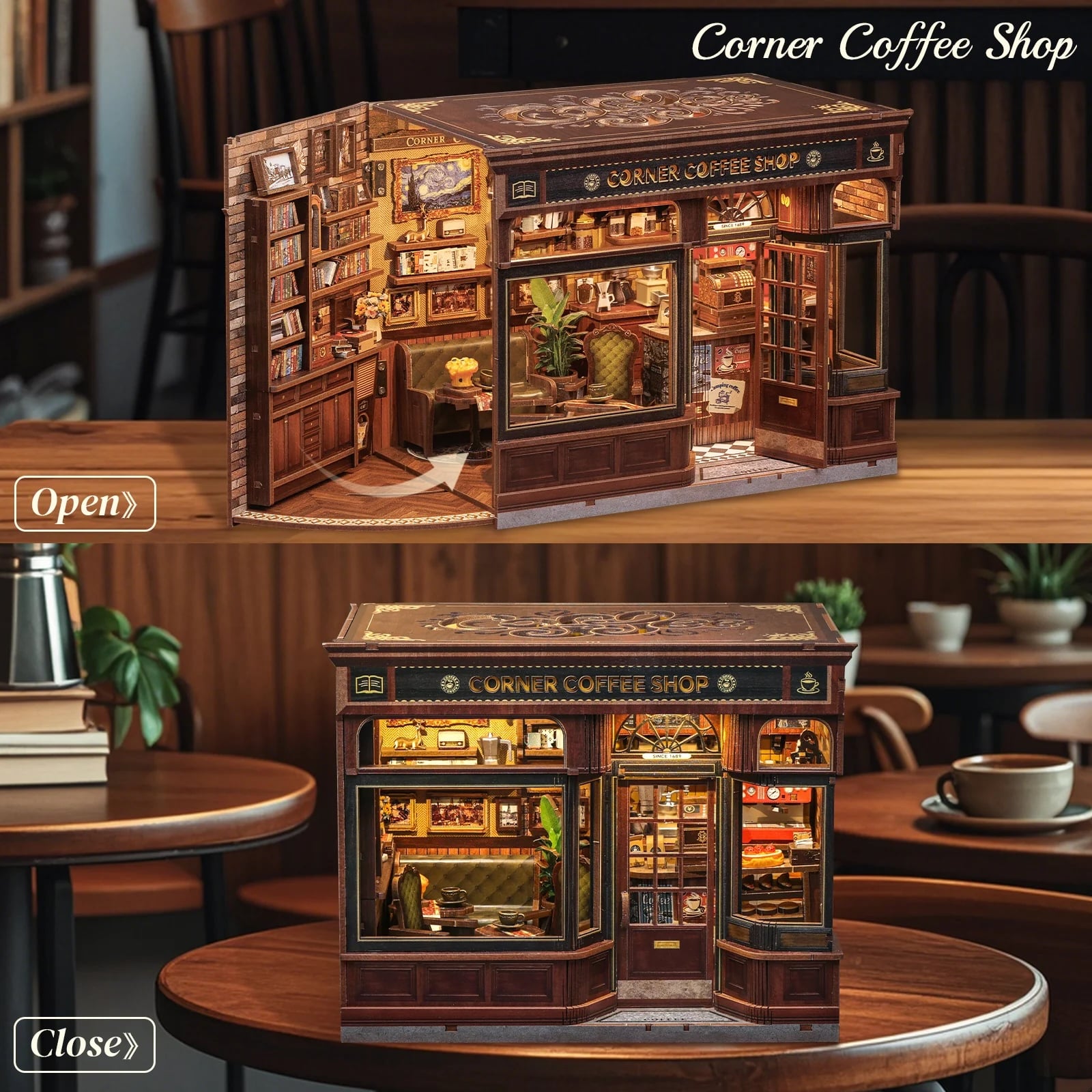 MINIATURE HOUSE - DIY- Corner Coffee Shop - 294pc + LED Light