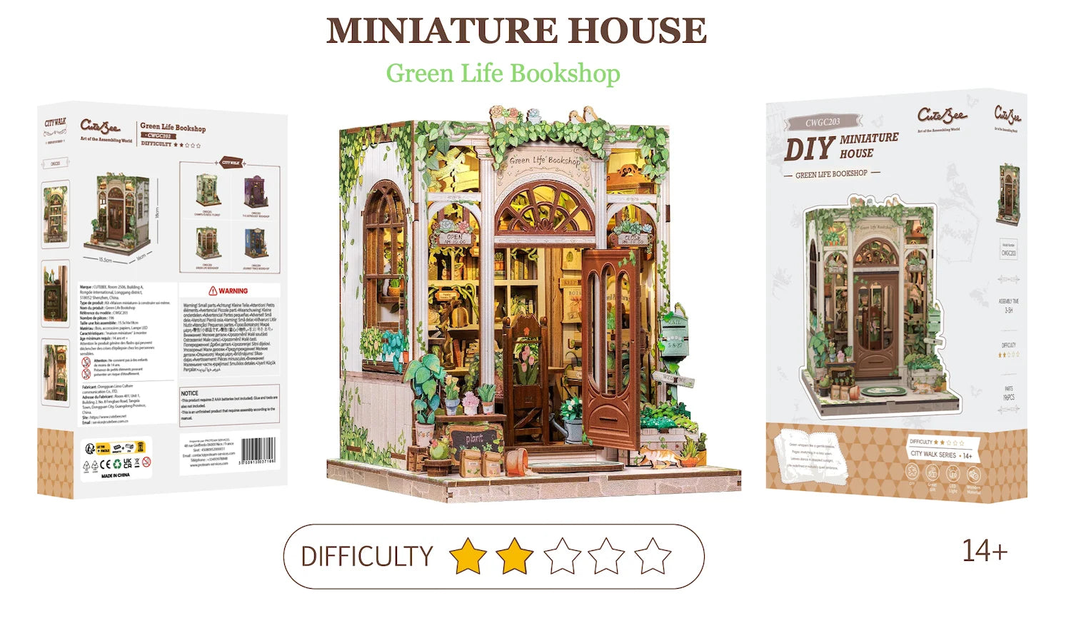 MINIATURE HOUSE - DIY - Green Life Bookshop - 196pc + LED Light
