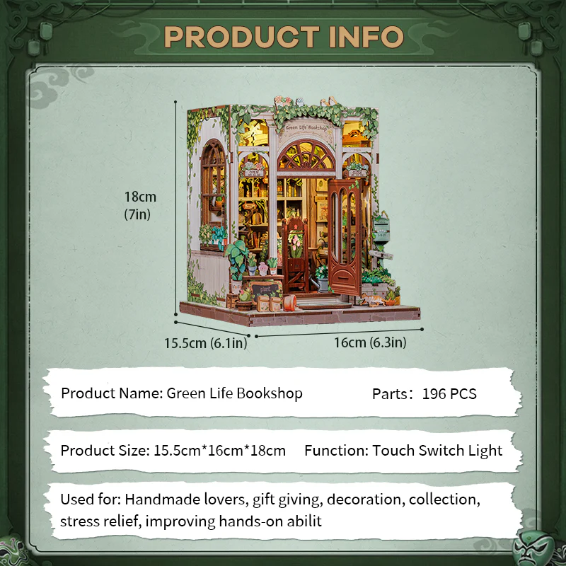 MINIATURE HOUSE - DIY - Green Life Bookshop - 196pc + LED Light