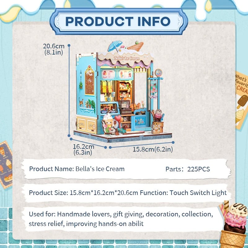 MINIATURE HOUSE - DIY- Bella's Ice Cream - 225pc + LED Light