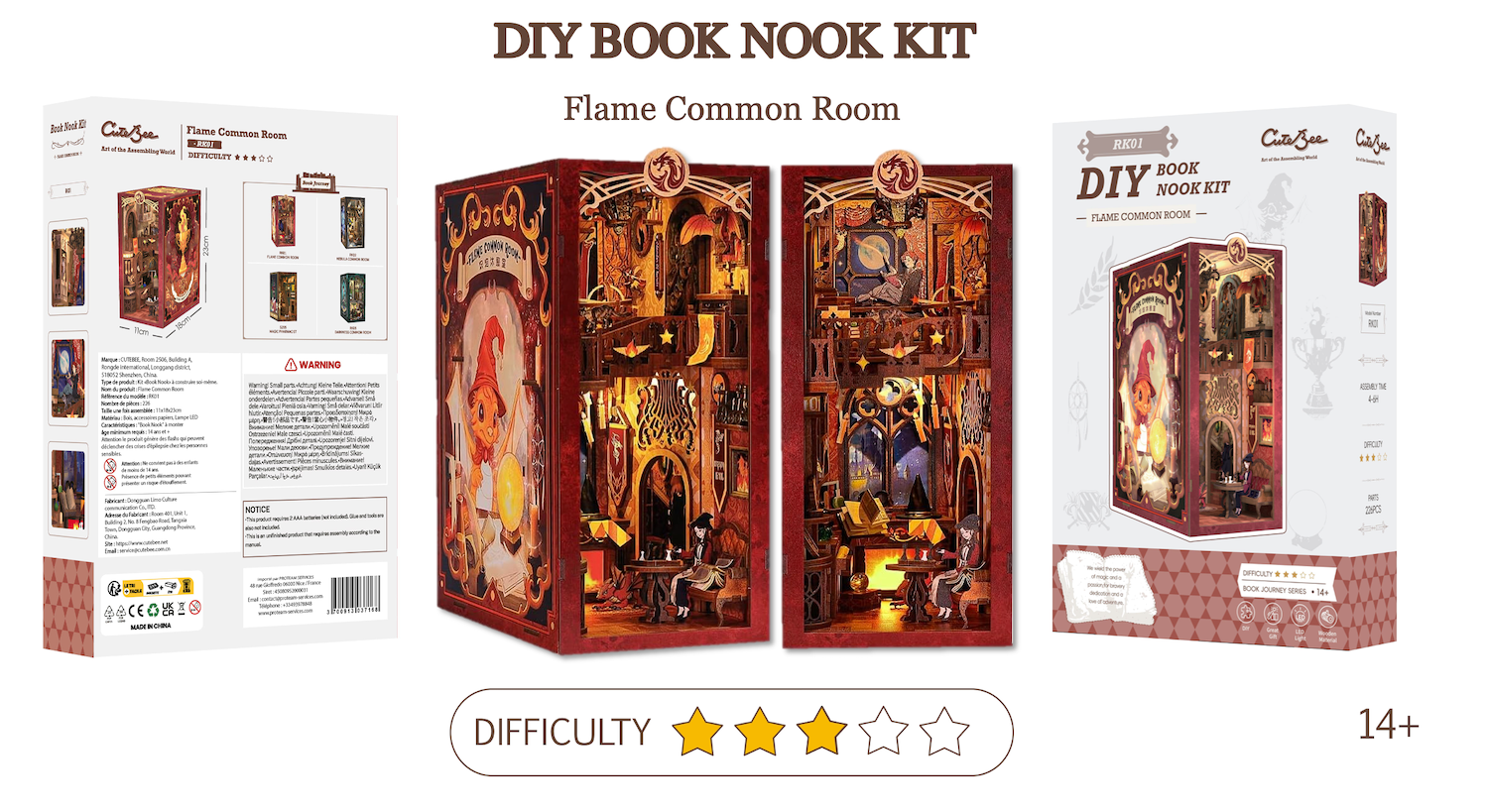 BOOK NOOK KIT - DIY - Flame Common Room - 226pc + LED Light