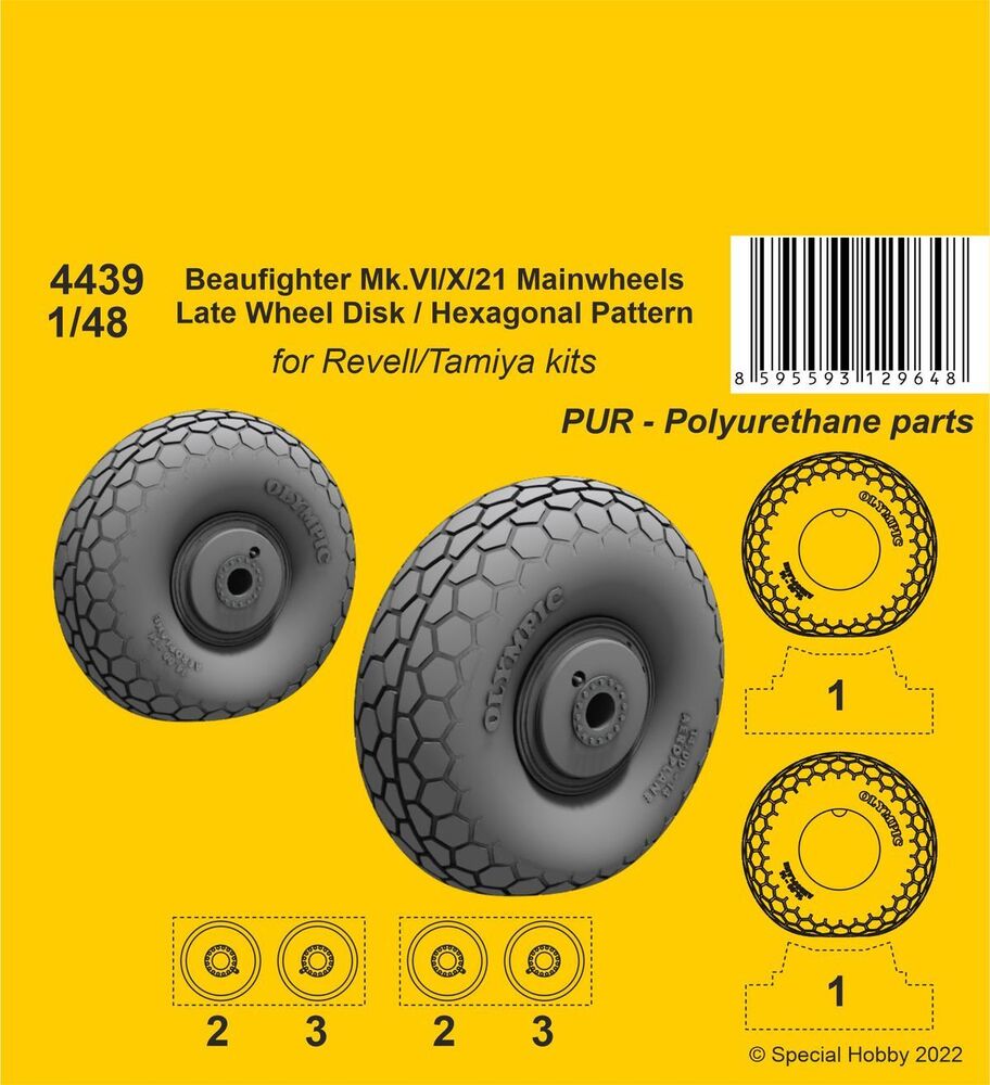 Beufighter Mk.VI/X/21 Mainwheels - Late Wheel Disk / Hexagonal Tread Pattern