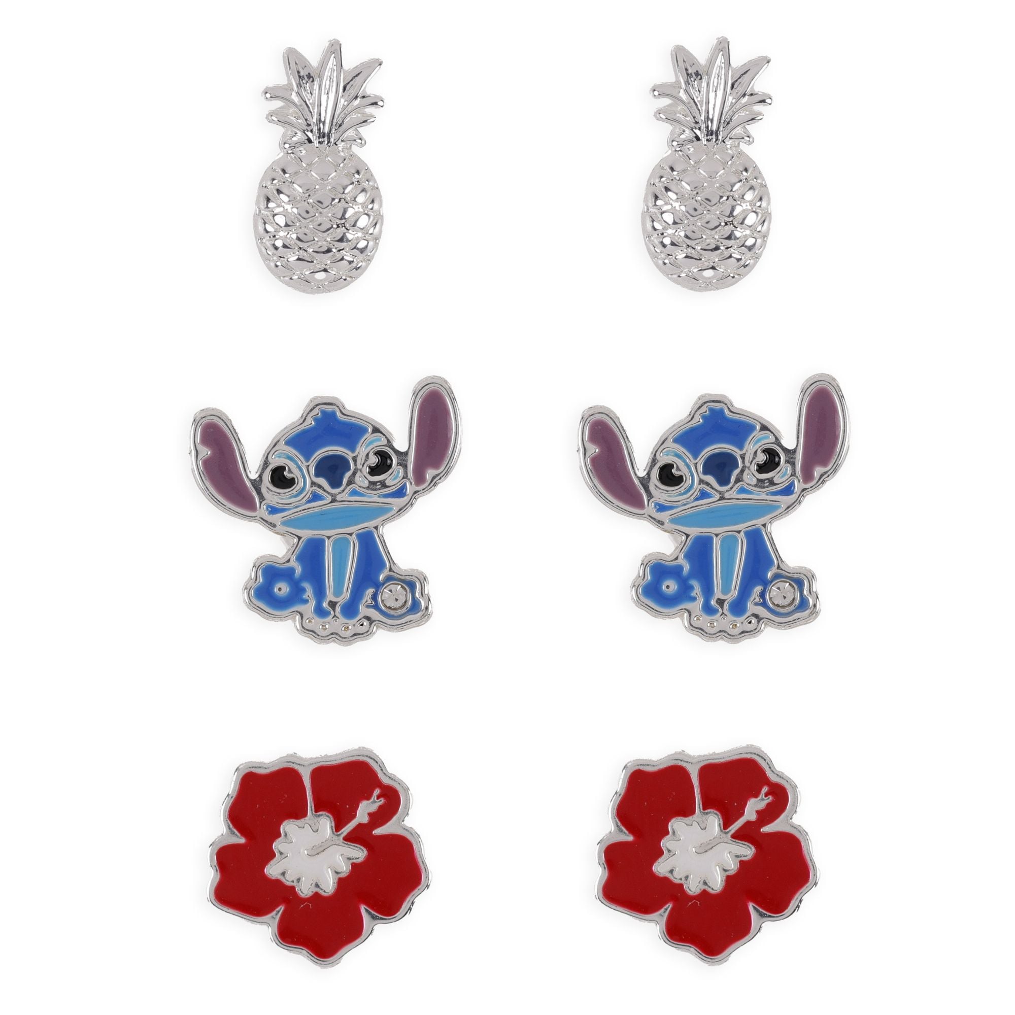 STITCH - Ananas & Flower - 3 Pairs of Studs Earrings - Plated Brass