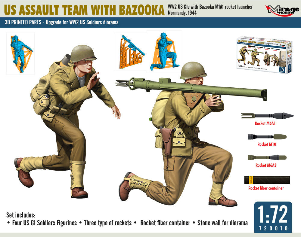 US ASSAULT TEAM WITH BAZOOKA, WW2 US GIs with Bazooka M1A1 rocket launcher Normandy, 1944