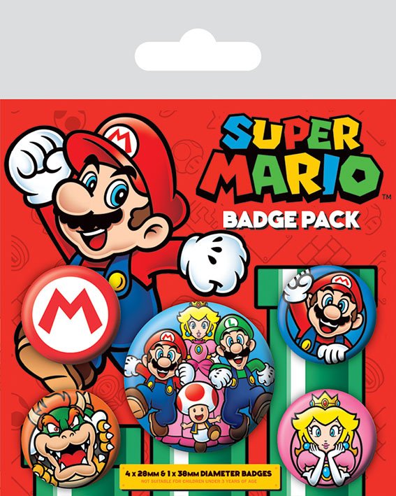 Super Mario Pin-Back-Buttons, 5er-Pack