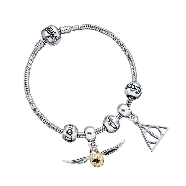 Harry Potter Bracelet Charm Set Deathly Hallows/Snitch/3 Spell Beads (silver plated)
